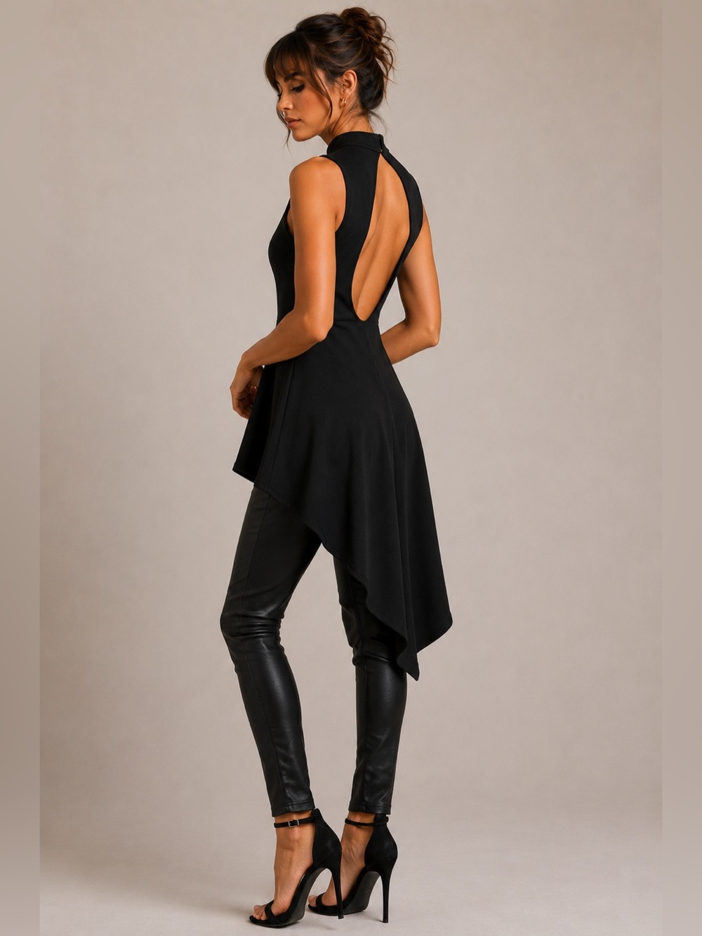 VENUS Black Open Back Mock Neck Fit Flare Cocktail Tunic Fishtail Asymmetrical M
